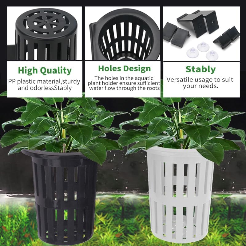 Upgraded Large Aquarium Plant Holder with Extension Hooks and Suction Cups, Aquatic Plants Cup for Tank for Fish Tank Aquaponic Plant Cultivation and Aquascape Accessories (Black-2PC)