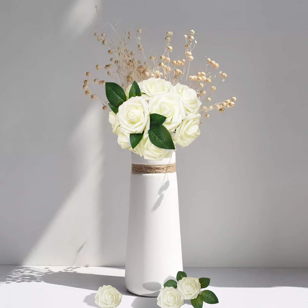 AmyHomie Artificial Flower Ivory Rose 25pcs Real Looking Fake Roses w/Stem for DIY Wedding Bouquets Centerpieces Arrangements Party Baby Shower Valentines Day Christmas Tree Decorations