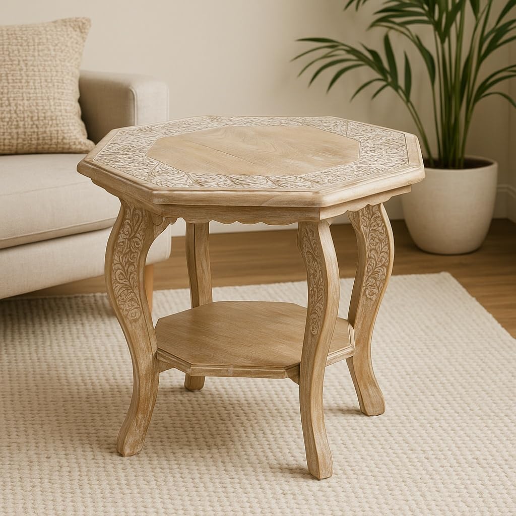 Hand Carved Wooden Octagon Coffee Table, 24"x24"x18" White wash Farmhouse Accent End Table, Rustic Foldable Side Table Nightstand for Bedroom, Dining Room & Living Room