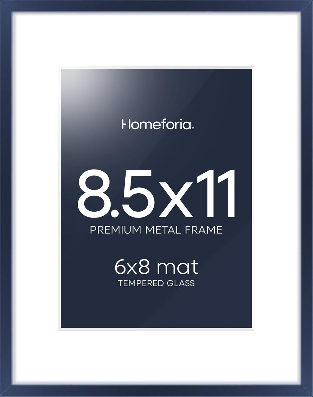Homeforia 8.5x11 Navy Blue Frame, High End Metal 8.5 x 11 Picture Frames with Mat 6 by 8 inch Photo, 11x8.5 Poster Frame Matted to 6x8 Print, Wall or Tabletop Frame, Tempered Glass, Wall Kit, Set of 1