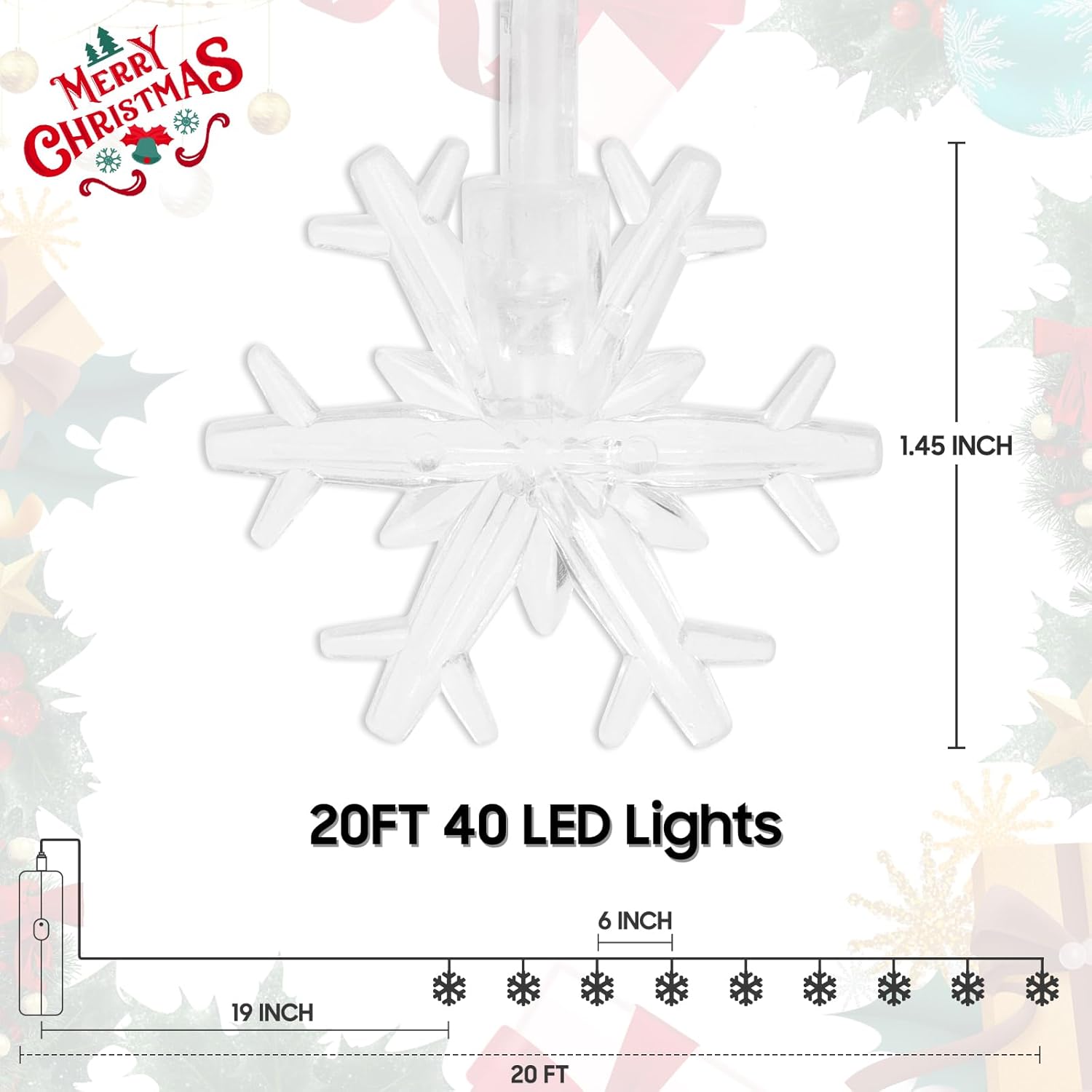 Christmas Lights, 20FT 40 LED Snowflake String Lights Battery Operated, Rechargeable Fairy Lights Battery Operated with 8 Modes for Bedroom Patio Room Party Xmas Tree Decor Home Decorations,Cool White