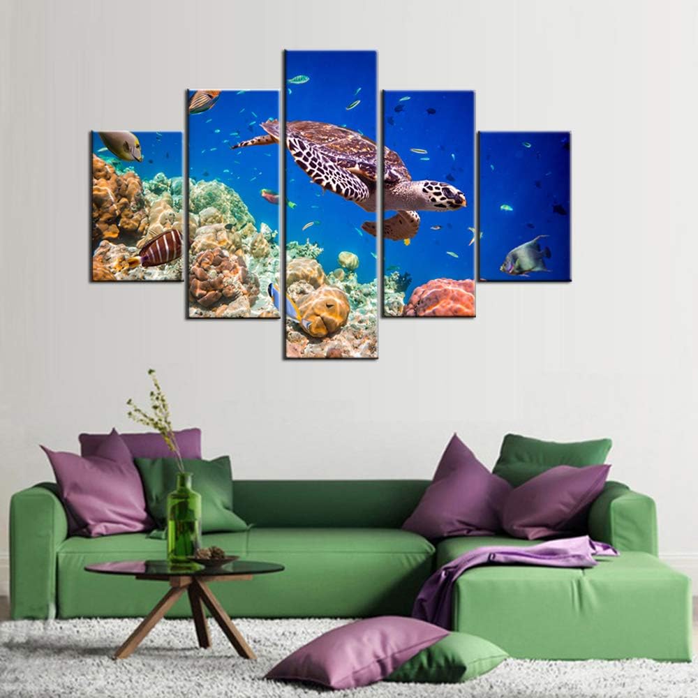 Artwork for Walls Turtle and Tropical Fishes Wall Art Seaview Pictures for Living Room 5 Piece Printed on Canvas Blue Paintings Modern Home Decor Framed Gallery-Wrapped Ready to Hang(60''Wx40''H)