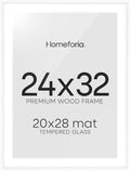 Homeforia 24x32 Picture Frame, White Wood, High End Oak, Matted to 20x28, Tempered Glass, Wall Hook Included, Set of 1