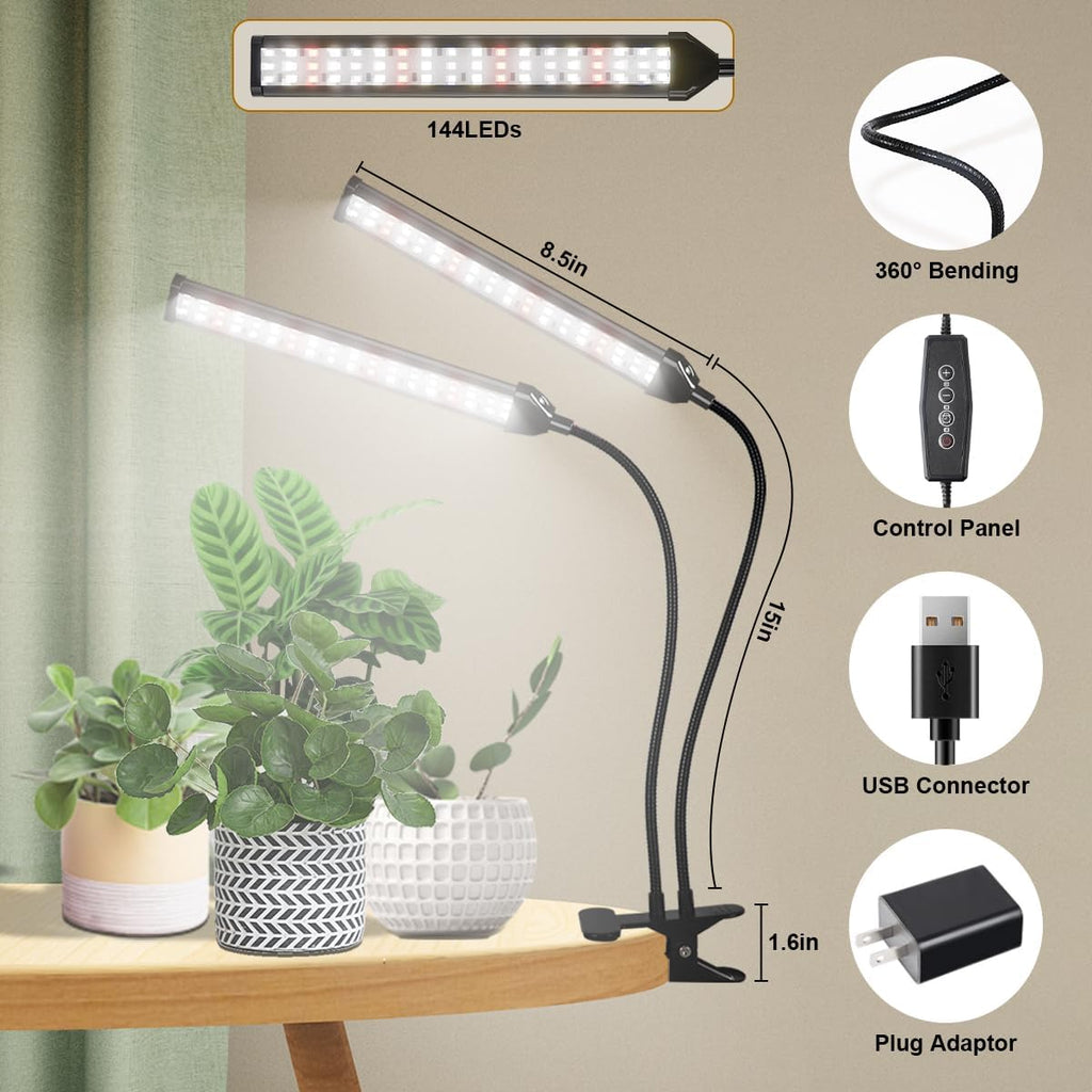 GHodec Grow Light LED Gooseneck Lamp,6500K 80W Full Spectrum 144 LED Plant Lamp Clip-on Desk for Indoor Plants Growing, Timer Setting 4/8/12/18H & 5 Dimmable Levels