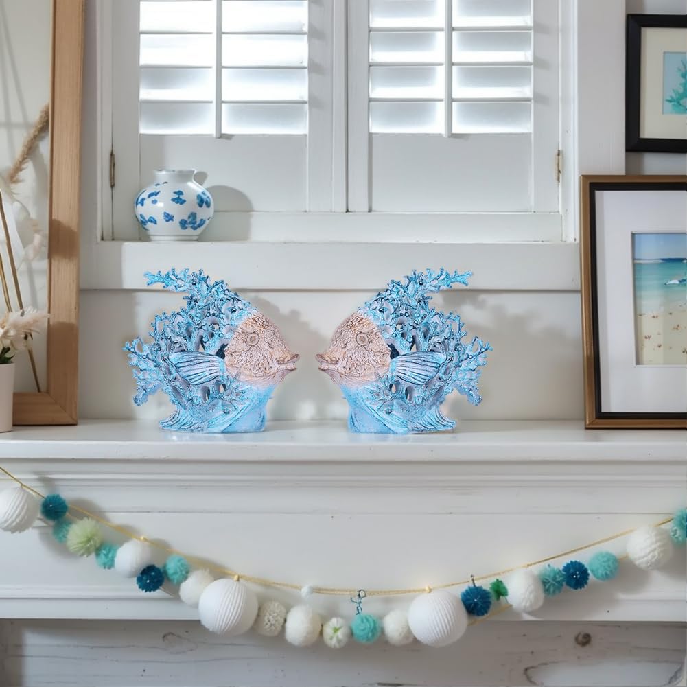 Coastal Angelfish Figurine – 7.3in Turquoise Coral Reef Fish Statue, Nautical Ocean Decor for Bathroom, Living Room, Office, Shelf or Coffee Table – Beach House Gift Accent