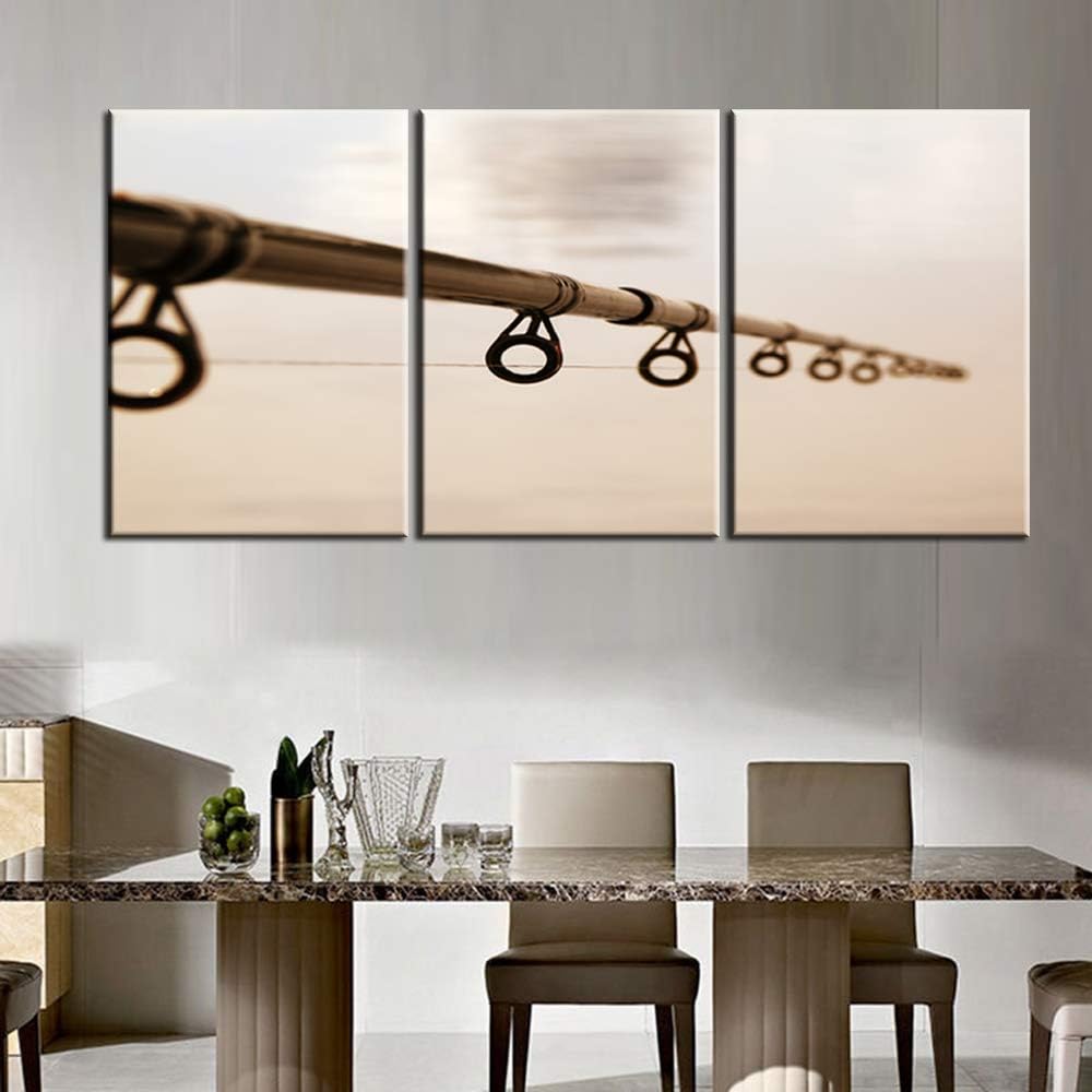 3 Panel Wall Art Angling Lines Pictures Fishing Tackle Paintings Living Room House Decorations Printed on Brown Canvas Giclee Contemporary Artwork Stretched and Framed Ready to Hang Gift(60''WX28''H)