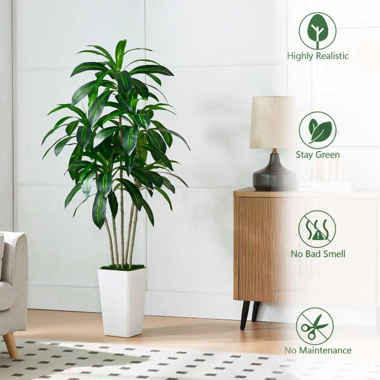 Artificial Dracaena Tree-6FT Tall Fake Plants with White Tall Planter-Artificial Plants Indoor Floor Plant in Pot-Large Tropical Fake Yucca Potted Tree for Home Office Living Room Decor