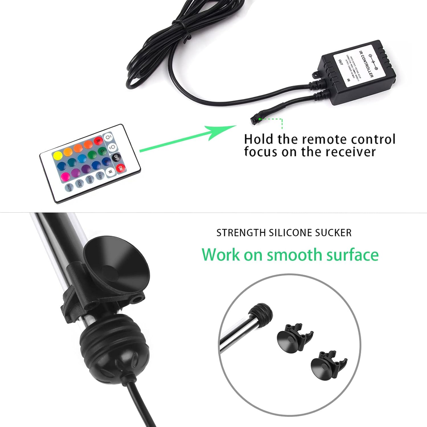 LED Aquarium Lights, Underwater Fish Tank Light RGB Waterproof Color Changing Submersible 16 Color 4 Modes Brightness Adjustable Memory Function Sucker Hang Lighting Strip, 15 inch