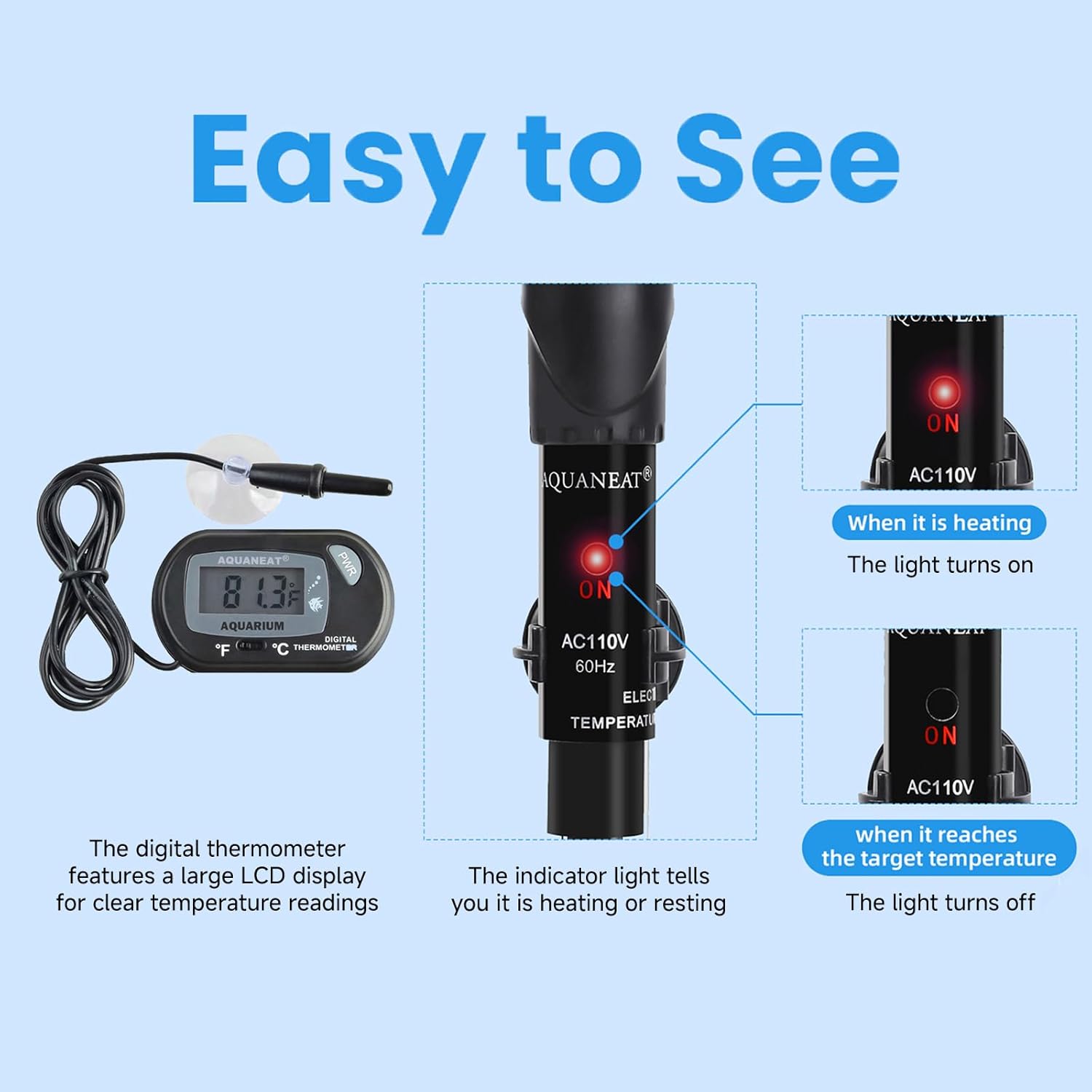 AQUANEAT Aquarium Heater, 25W Fish Tank Heater, Adjustable Submersible Water Thermostat with Digital Thermometer