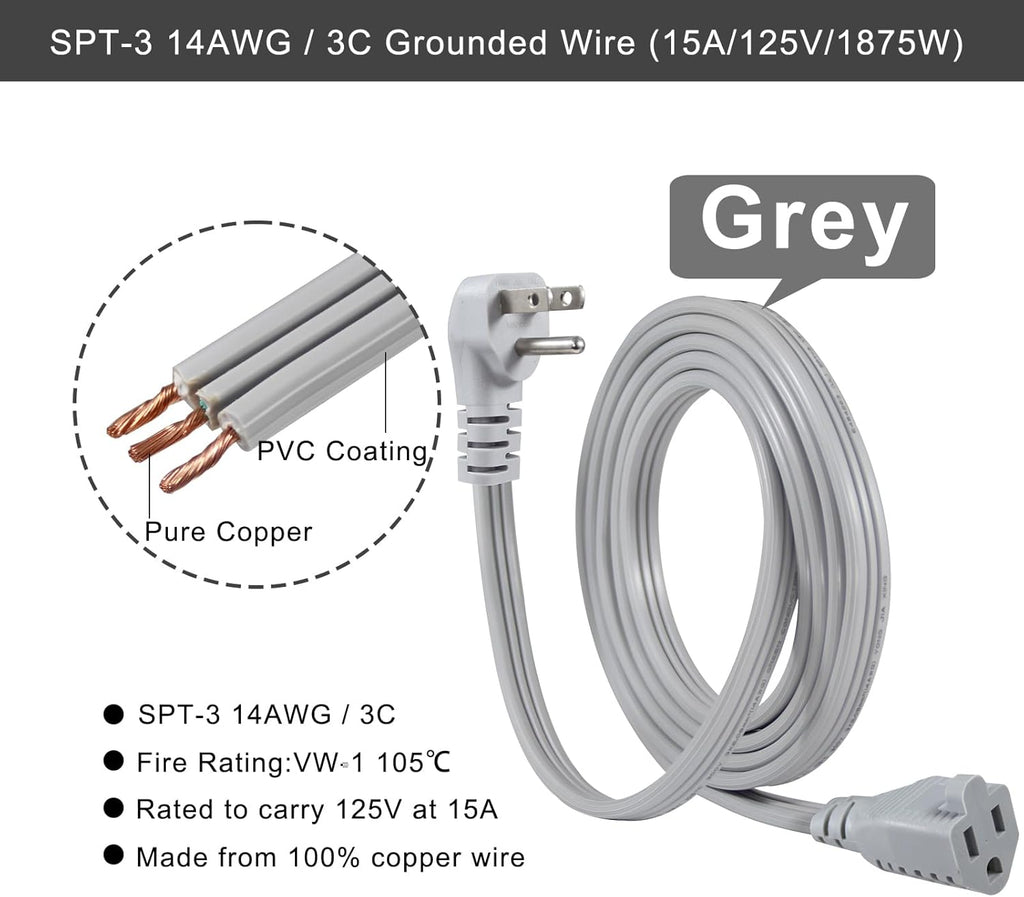 KUNCAN Appliance Power Extension Cord - 3 Prong Flat Wire SPT-3 14 AWG Heavy Duty Male to Female Extender Low Profile Grounded Cable for Major AC Unit, Air Conditioner, Refrigerator (9 Feet)