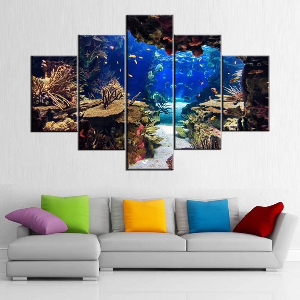 Blue Canvas Painting Coral Reef and Tropical Fish Wall Art Contemporary Pictures House Decor Multi Panel Undersea Plants Artwork Framed Ready to Hang in Living Room Posters and Prints(60''W x 40''H)