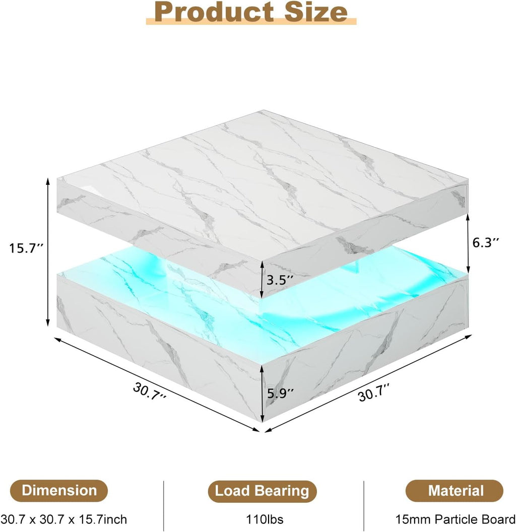White Marble LED Coffee Table for Living Room, Living Room Table 2-Tier Square Middle Center Table, Modern Coffee Tables with Storage, Contemporary Wood Tea Tables for Dining Reception