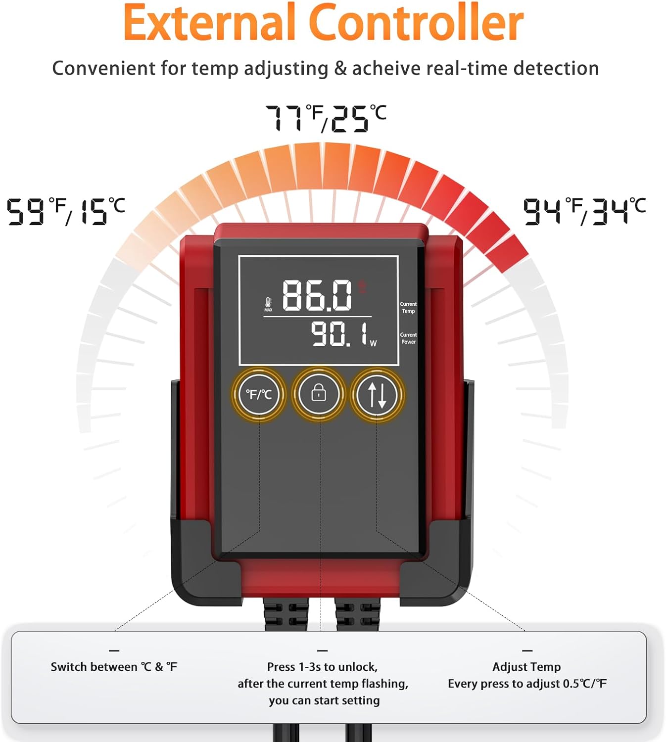 AQQA PTC Fish Tank Heater 500W for Aquarium 53-130 Gal Submersible with External Digital Controller Adjustable Temp Range 59-94℉ Overheat & Out-of-Water Auto Shut-Off Protection (500W for 53-130Gal)