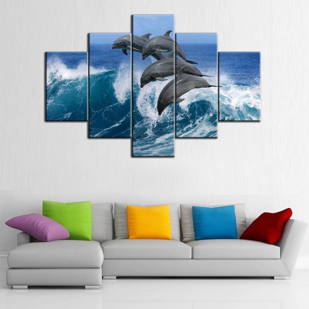 Jumping Dolphins Paintings Multi Panel Canvas Wall Art Hawaii Pacific Ocean Wildlife Pictures for Living Room HD Prints Sealife Artwork House Decor Giclee Framed Stretched Ready to Hang(60''Wx40''H)