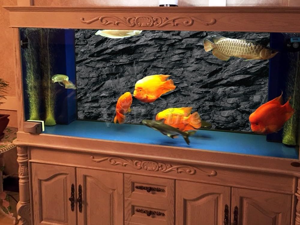 VIP. LINE 3D Effect Black Stone Texture Aquarium Background Poster Fish Tank Backdrop Decorations PVC Background (48" x 30"/ 122 x 76cm)