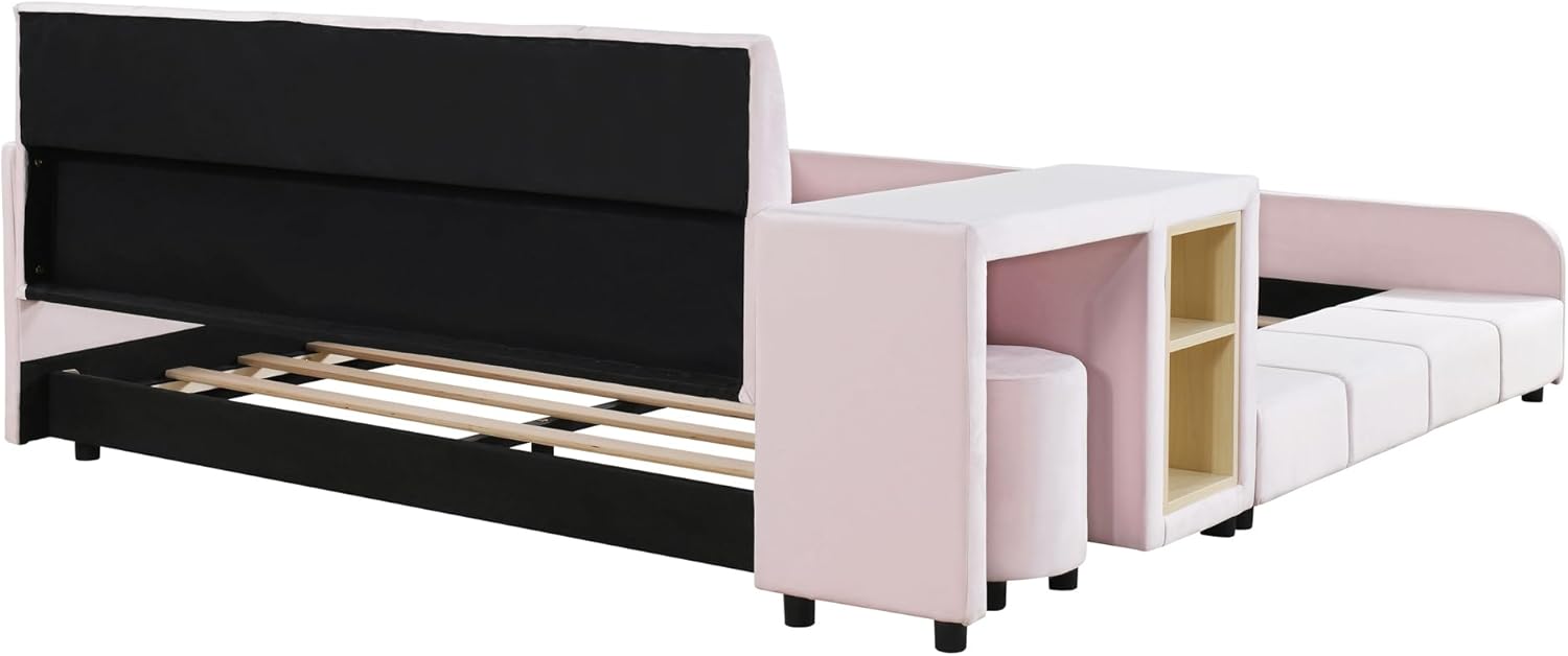 Merax Full Size Velvet Bed Frames Upholstered Grounded Bed, Wooden Mother & Child Bed with Bedside Desk and Little Round Stool,Kids Adults Bedroom Floor Platform Bed,Pink