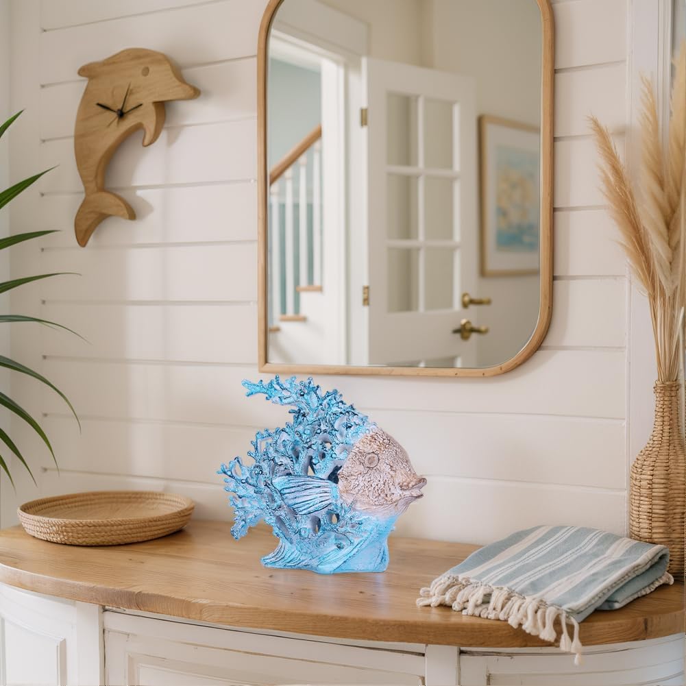 Coastal Angelfish Figurine – 7.3in Turquoise Coral Reef Fish Statue, Nautical Ocean Decor for Bathroom, Living Room, Office, Shelf or Coffee Table – Beach House Gift Accent