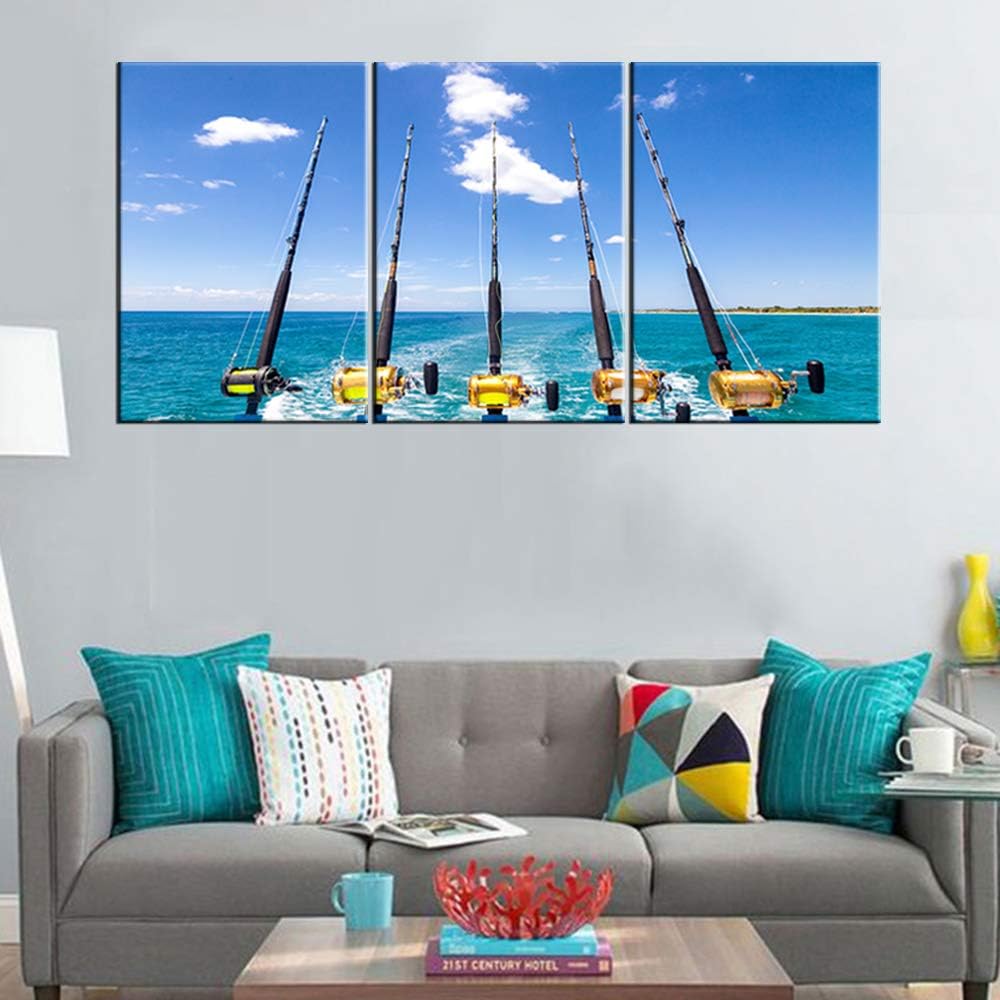 Kitchen Pictures Wall Decor Fishing Rod and Reel Paintings for Living Room Tropical Ocean Scape Artwork 3 Piece Canvas Wall Art House Decorations Framed Ready to Hang Posters and Prints(48''Wx24''H)