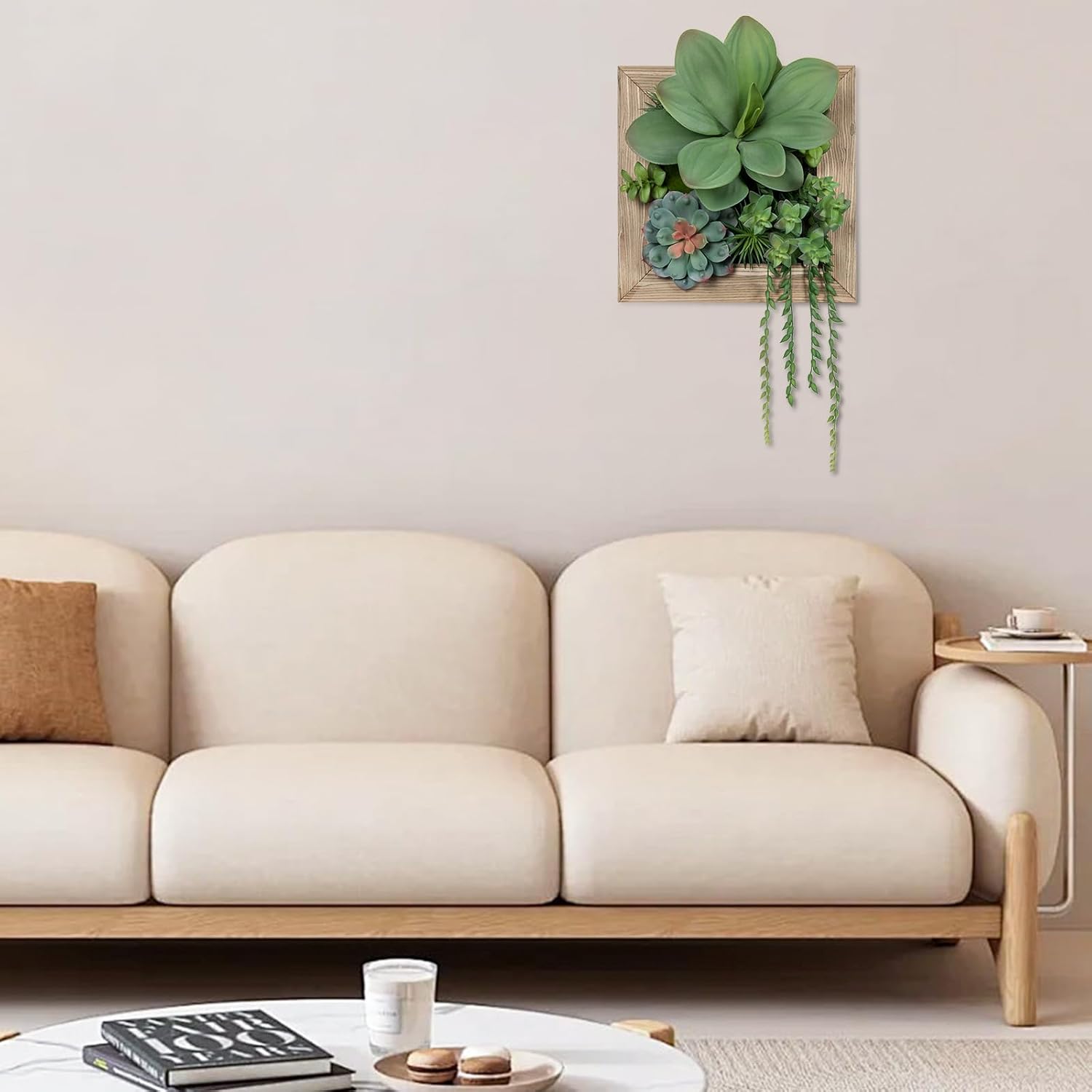 Artificial Succulent Wall Decor - Fake Hanging Succulents with Wood Plant Box, 3D Wooden Wall Decor Faux Hanging Plants Indoor Arrangement