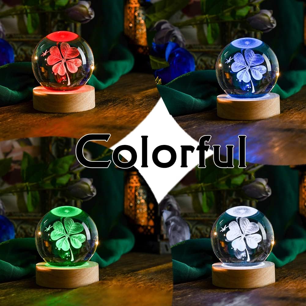 3D Four-Leaf Clover Crystal Ball 60mm Good Luck Gifts Ideas with Multicolor Lighting Base