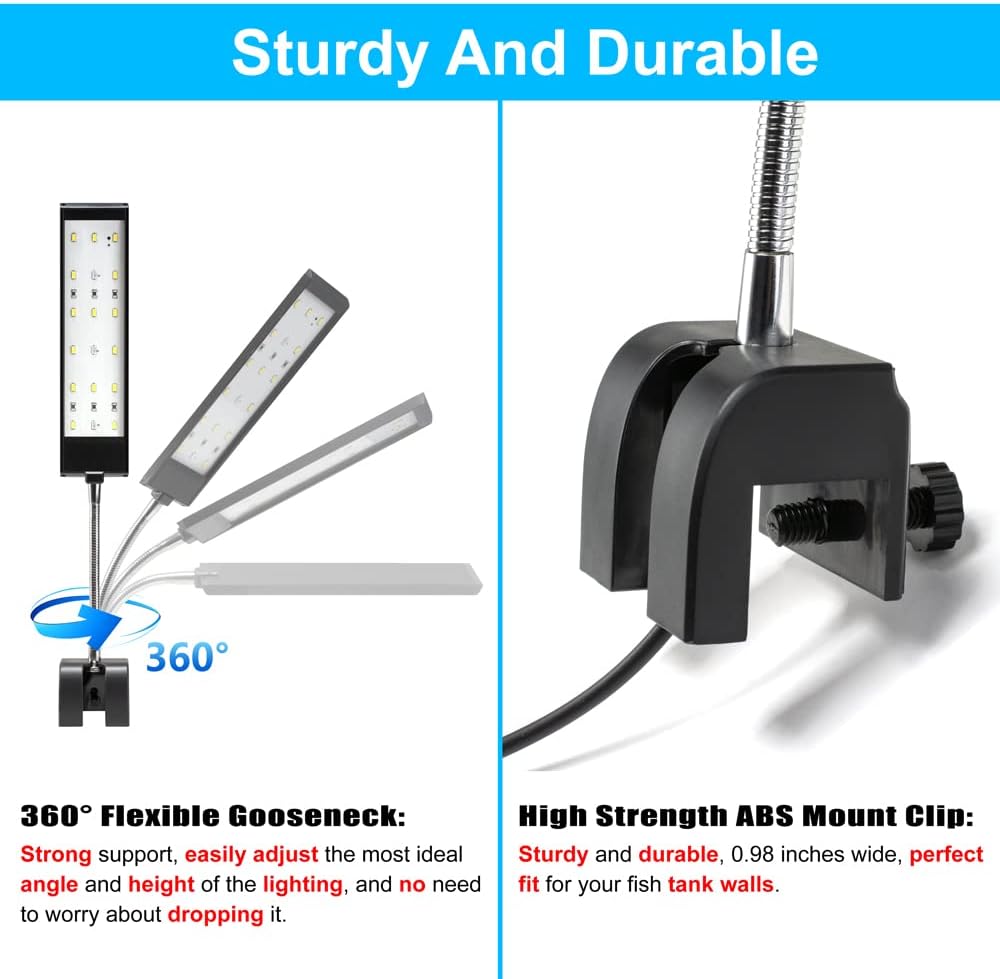 Aquarium Light Small LED Clip Light for Fish Tank 7W with Timer&Dimmer, 1 Yr Warranty