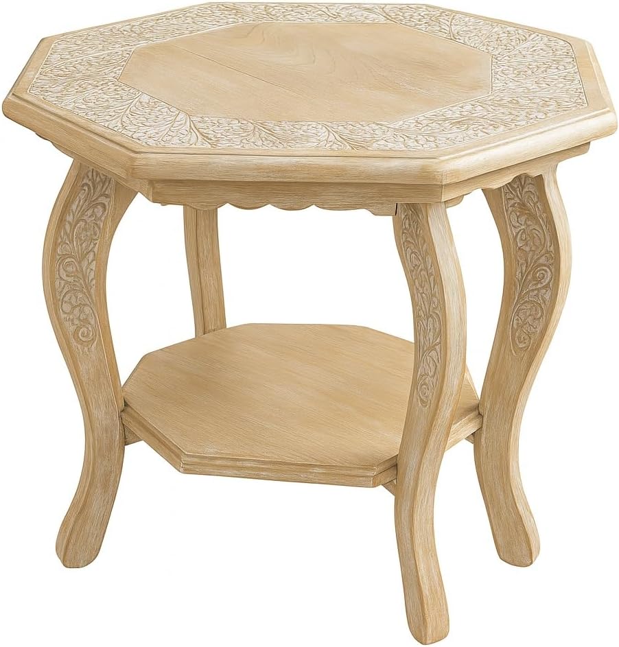 Hand Carved Wooden Octagon Coffee Table, 24"x24"x18" White wash Farmhouse Accent End Table, Rustic Foldable Side Table Nightstand for Bedroom, Dining Room & Living Room