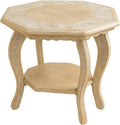 Hand Carved Wooden Octagon Coffee Table, 24"x24"x18" White wash Farmhouse Accent End Table, Rustic Foldable Side Table Nightstand for Bedroom, Dining Room & Living Room