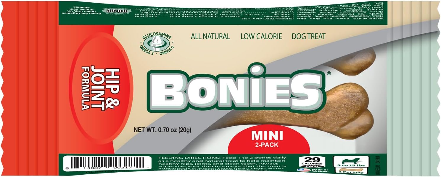 Bonies Natural Hip & Joint Formula Minis-Sized Single Bone, Glucosamine & Omega Fatty Acids, Fresh Breath, Clean Teeth, Low Calories, Chicken Flavor, MINI Dogs, 2 Bone Pack