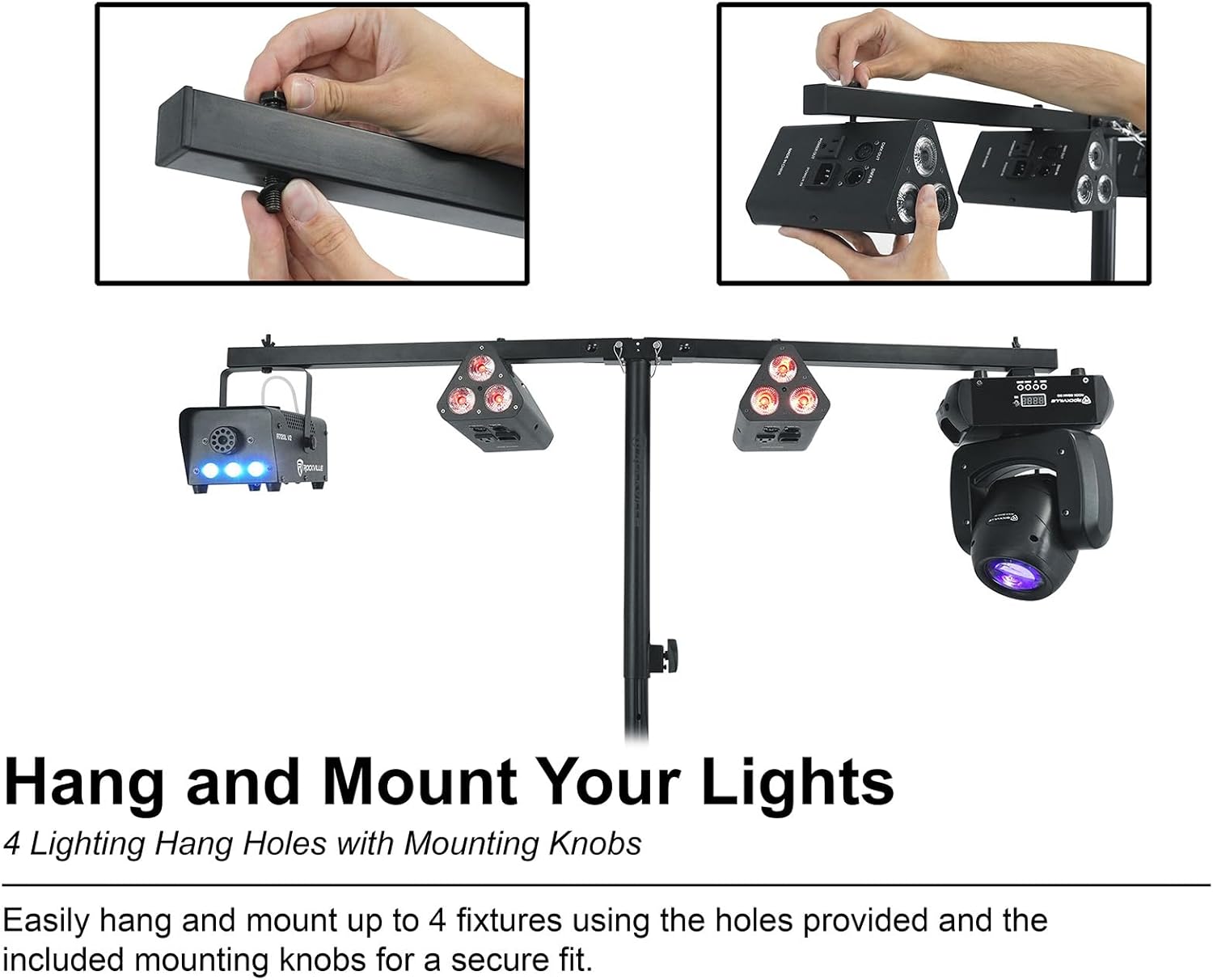 Rockville ACC-B Collapsible T-Bar Lighting Bar for 35MM Pole Stand, Travel Bag Included, 4 Light Mounts, Portable, Perfect for DJs/Events/Lights