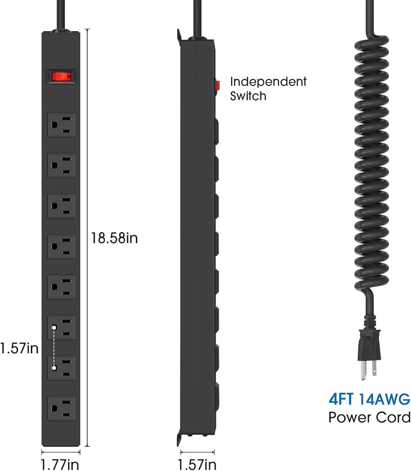 HHSOET 2 Pack 8 Outlet Metal Wall Mount Power Strip, Surge Protector Long Power Strip with Switch, Heavy Duty Wide Spaced Surge Protector, 4 FT SJT 14AWG Black Spring Cord.