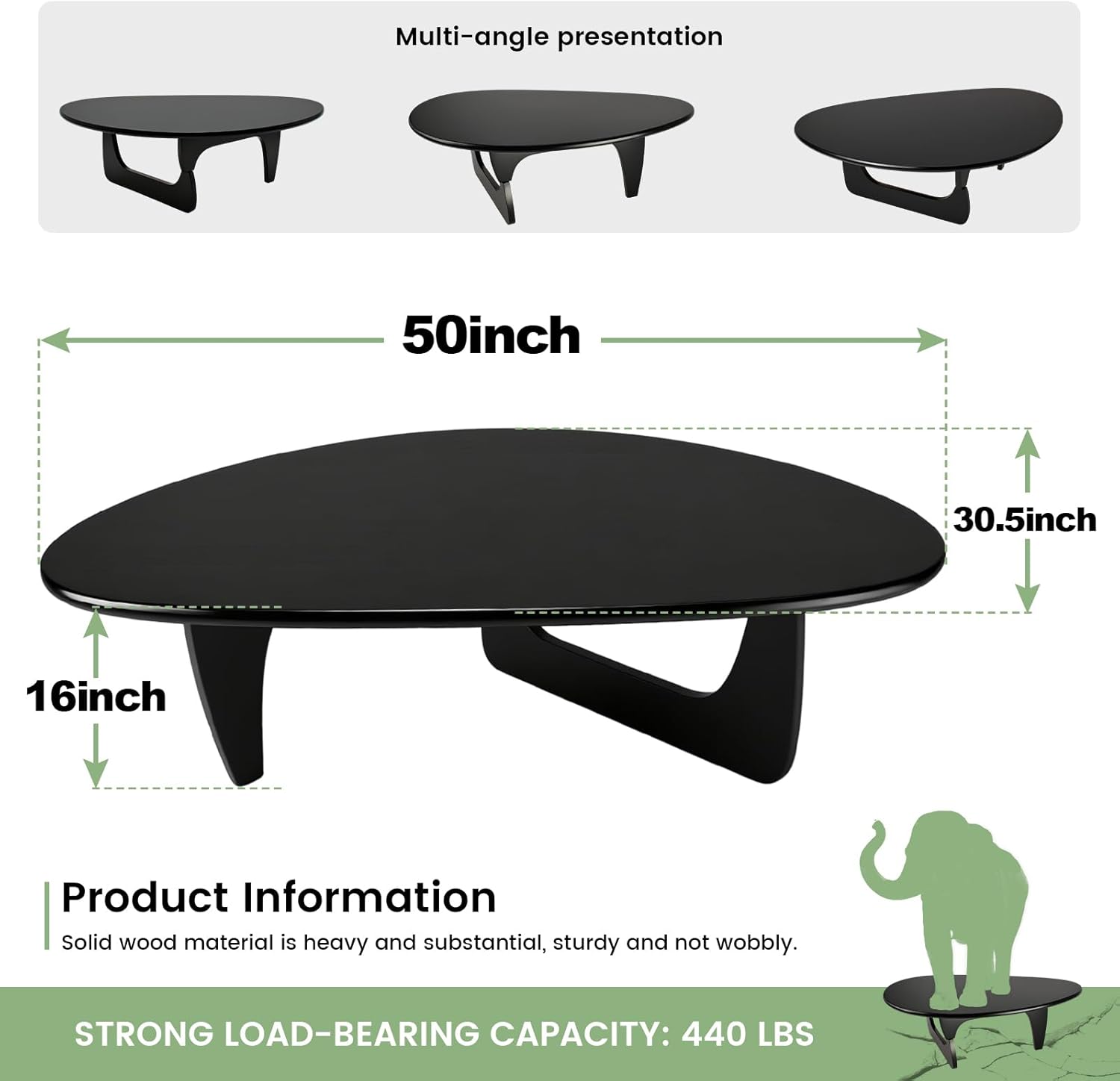 Solid Wooden Modern Triangle Coffee Table: Unique Funky Coffee Tables for Living Room, Oval Mid-Century Irregular Abstract Tea Tables for Patio Office Balcony Bedroom (Black, 50" L x 31" W x 16" H)