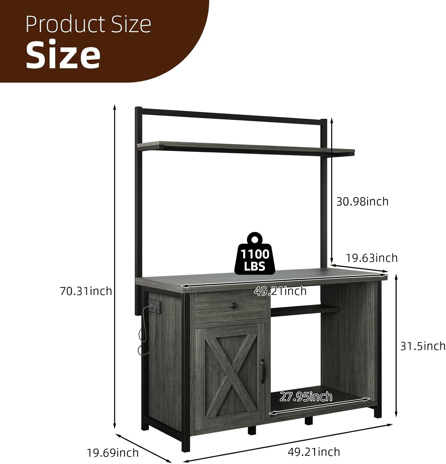 Reptile Tank Stand with Power Outlet, Terrarium Stand with Storage Cabinet, 49" X 20" Tabletop, Aquarium Stand with LED Lights, Reptile Terrarium,Turtle Tank (Gray)