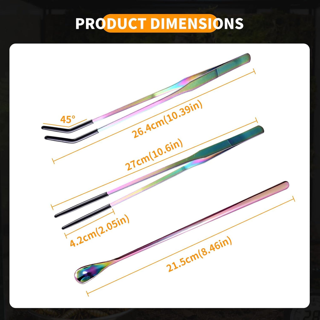 3 Pack Stainless Steel Reptile Feeding Tongs with Rubber Tip and Spoon, 10.6" Straight & Curved Tweezers for Aquariums & Crafts, Feeder Tools for Bearded Dragons & Lizards, Terrarium Tank Supplies