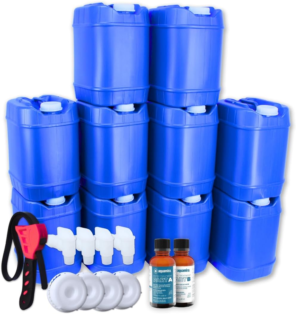 5-Gallon Stackable Water Storage Containers, Water Treatment,5 Gallons Each w/Lids + Spigot, Easy Fill, Survial Supply Emergency Water Storage for Disaster Preparedness, 50 Gallon (10 Tanks)