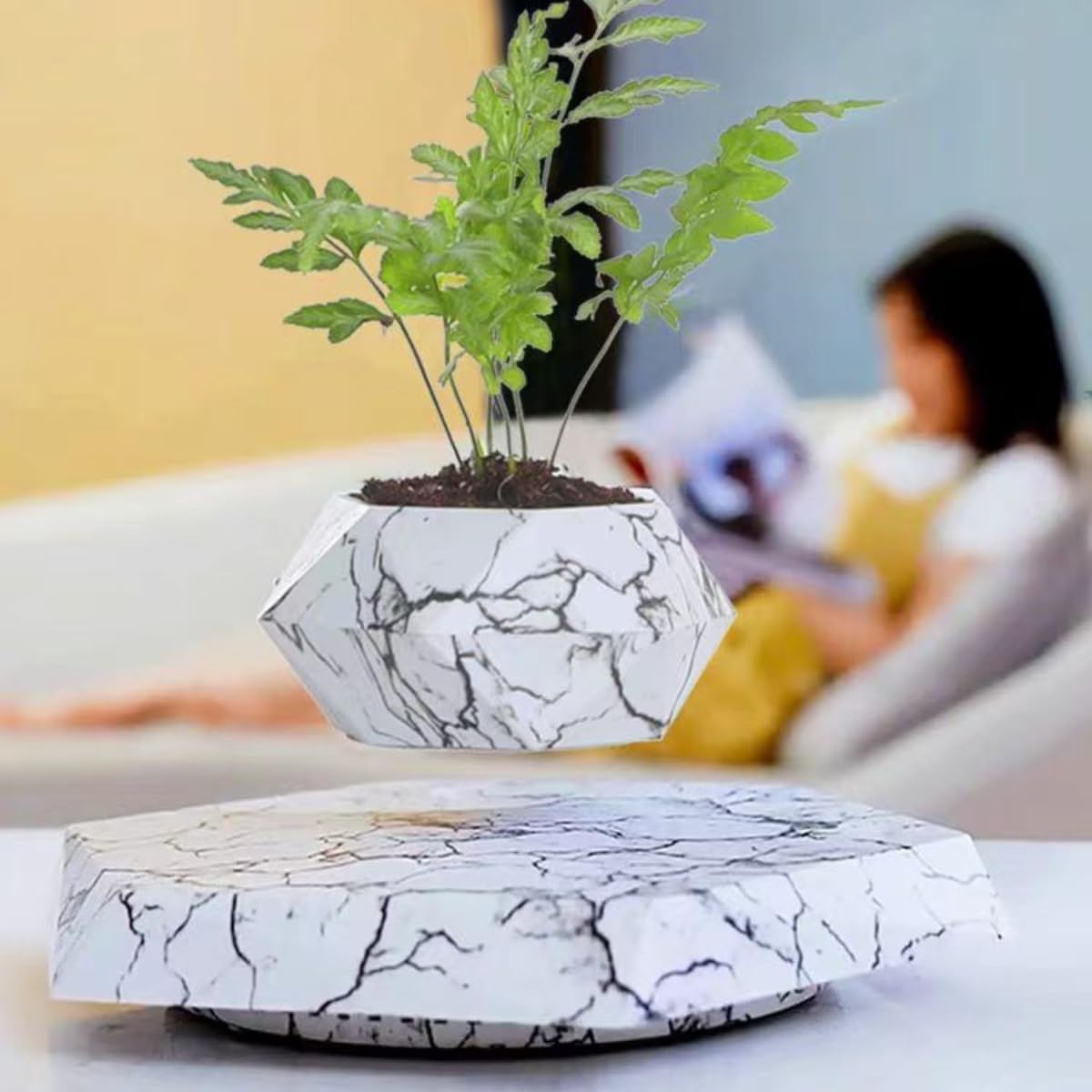 MOOCCI Floating Plant Pot - Magnetic Levitating Plant Pot for Succulents, Air Bonsai and Fake Flowers and Plants, Unique Decor for Home, Office and Desk, Father's Day (Marble)