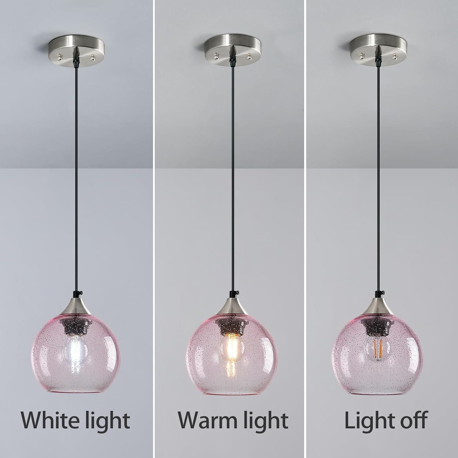 Pink Glass Pendant Lights Kitchen Island Globe Pendant Light Fixtures Modern Pendant Lighting for Bedroom Living Dining Room Light Fixture (5.9 in, 2 Pack)