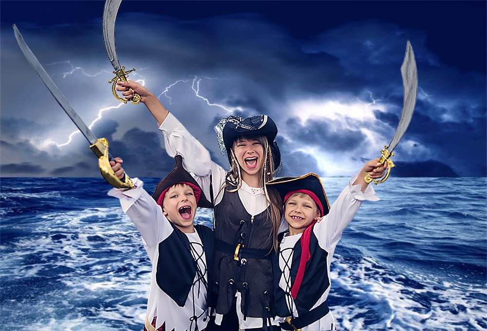 Renaiss Stormy Sea Backdrop for Photoshoot Adults Kids Portrait Dazzling Lightning Ocean Night Caribbean Sea Photography Background Birthday Nautical Pirate Themed Party Decor 10x7ft Photo Booth Props