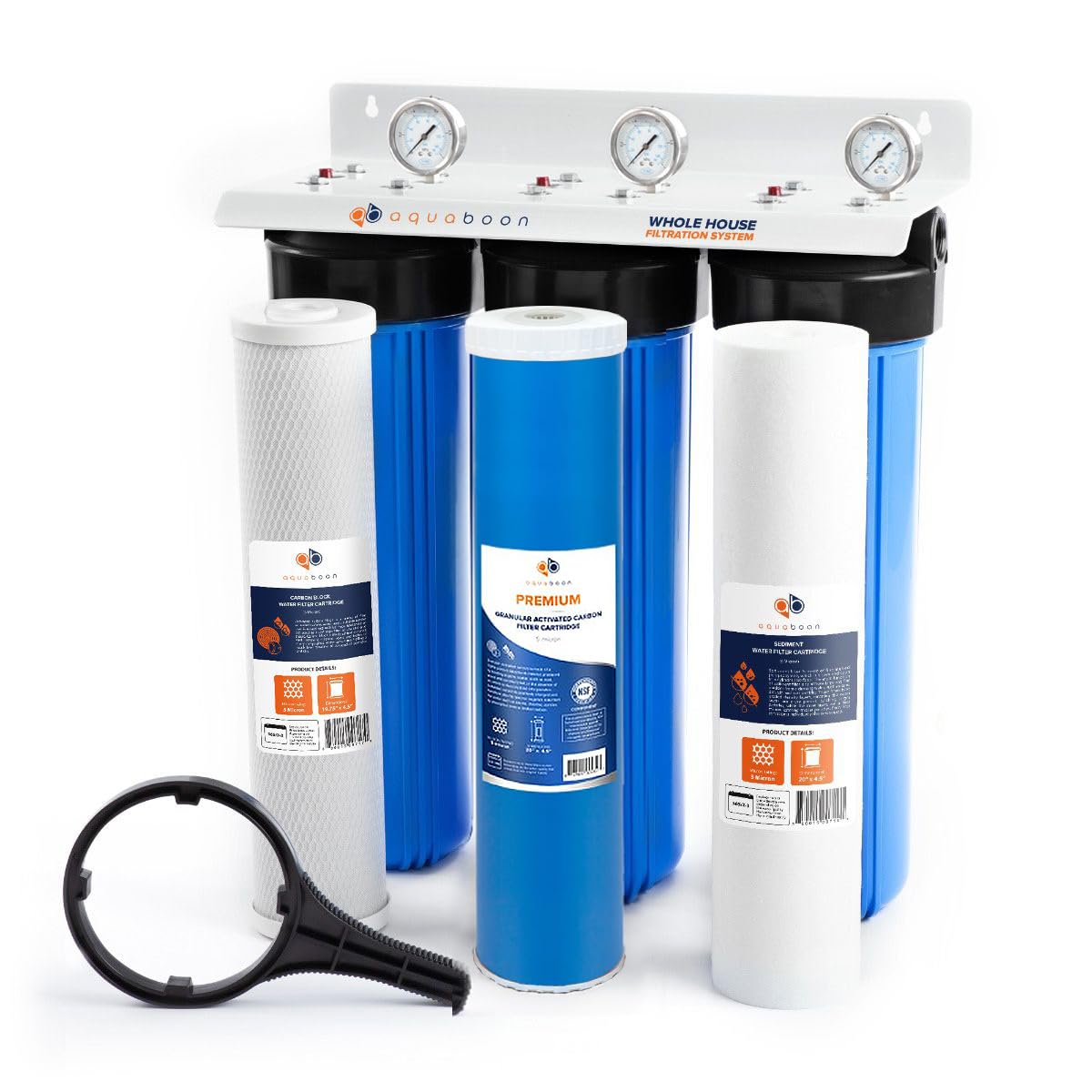 Aquaboon 3 Stage Whole House Water Filter System with 20" Water Filters Cartridges: Sediment, GAC, CTO | w/Wrench, Pressure Gauges & Buttons, Bracket