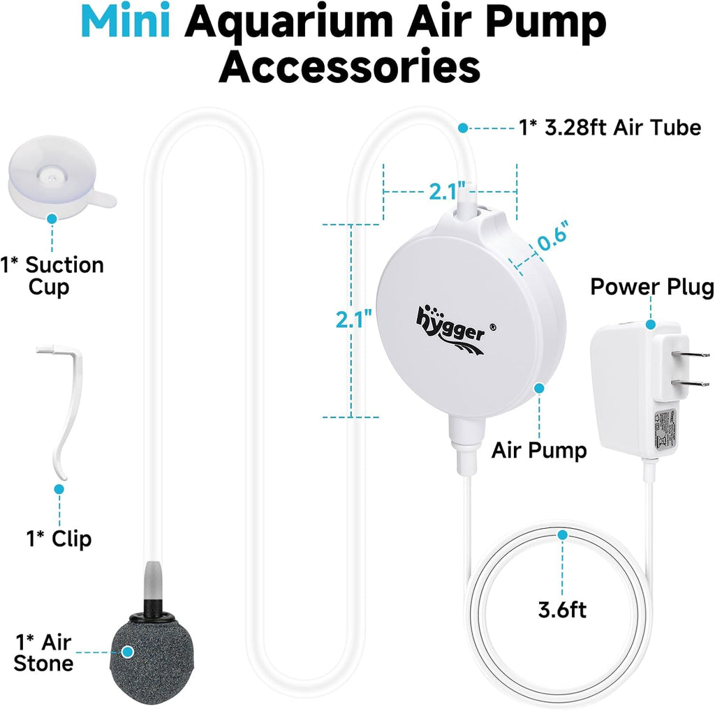 hygger 1.5 Watt Mini Aquarium Air Pump, Quiet Aerator with Air Stone Tubing Suction Cup Clip, Small Fish Tank Bubbler Oxygen Pump for 1 to 15 Gallon Betta Tank, Fish Bowl, Desk Small Tank