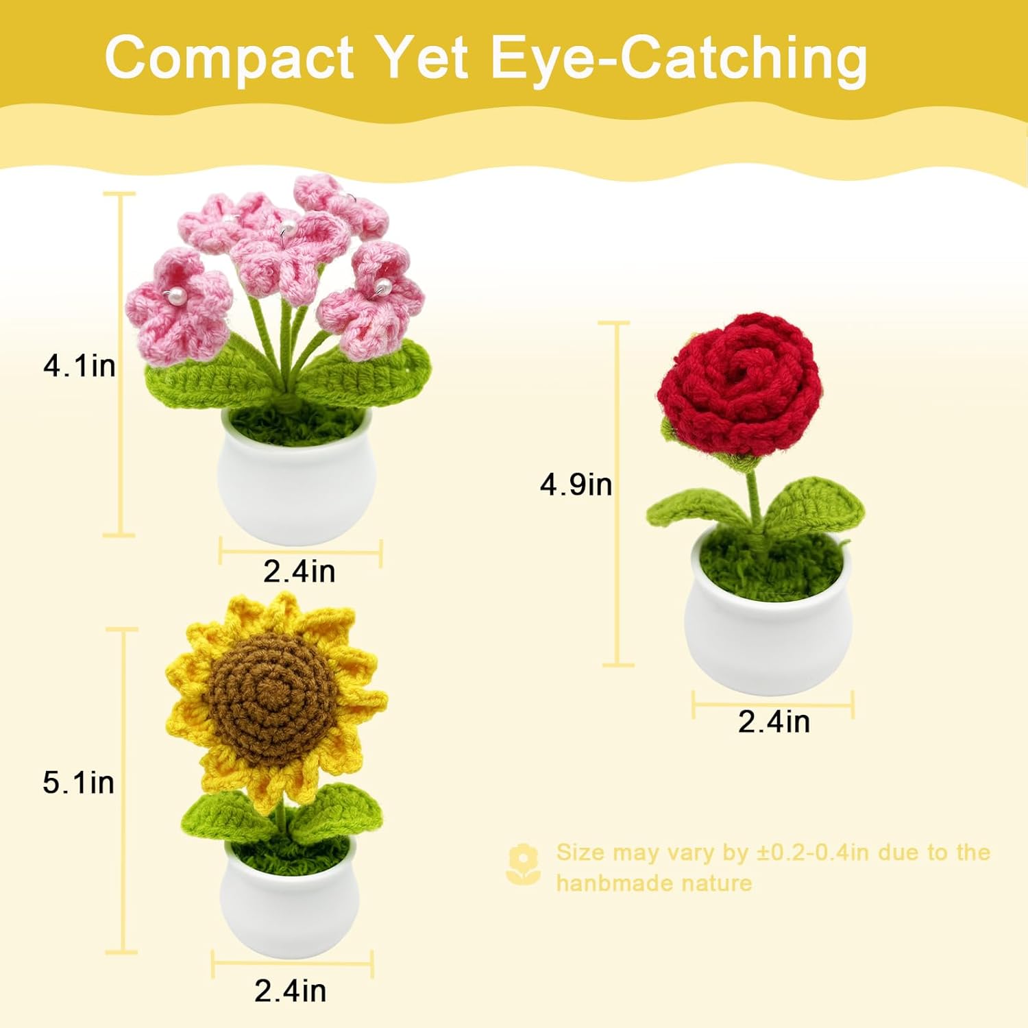 3pcs Crochet Flowers Cute Potted Flower,Mini Flower Bouquet for Mom Wife, Cute Desk Decor for Women,Artificial Handmade Flowers for Car Dashboard,Home Office Decoration (Color#4)