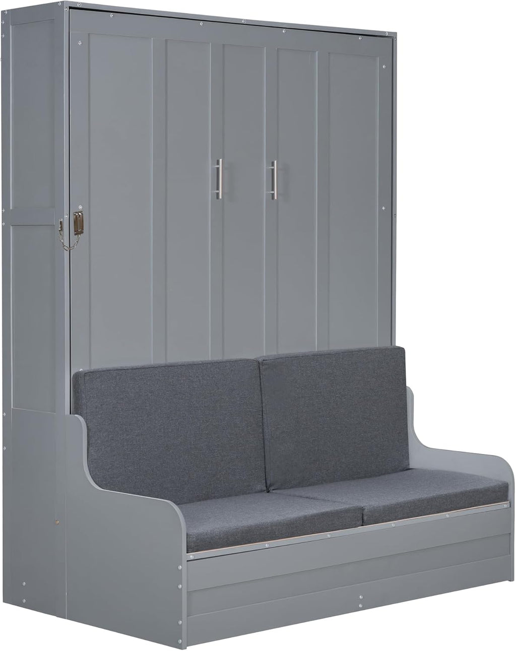 Merax Queen Size Murphy Bed Frame, Modern Wall Bed Can Be Folded into Cabinet, Chair with Cushion, Gray
