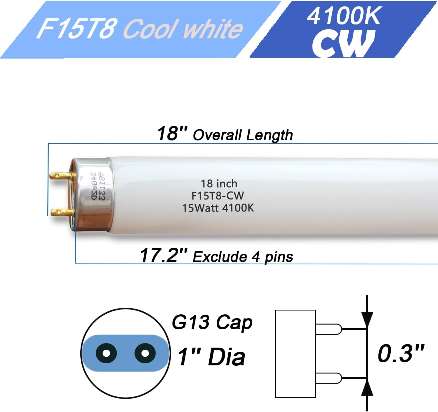2Pack F15W-T8-CW Cool White 15 Watt Fluorescent Bulb,F15T8/CW 4100K Linear Light,T8 Tube for RV, Plant Lighting, Fish Tank