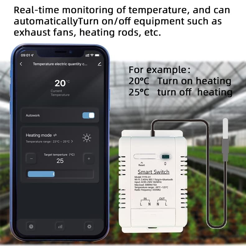 WiFi Smart Waterproof Temperature Controller Sensor Module, Tuya app Wireless Remote 16A Smart Switch with Energy Consumption Monitoring, Compatible with Alexa Google Home