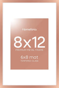Homeforia 8x12 Picture Frame Rose Gold, High End Metal 8 x 12 Poster Frames with Mat 6 by 8 Photo, 12x8 Frame Matted to 6x8 inch Print, 8by12 Wall or Tabletop Frame, Tempered Glass, Wall Kit, Set of 1