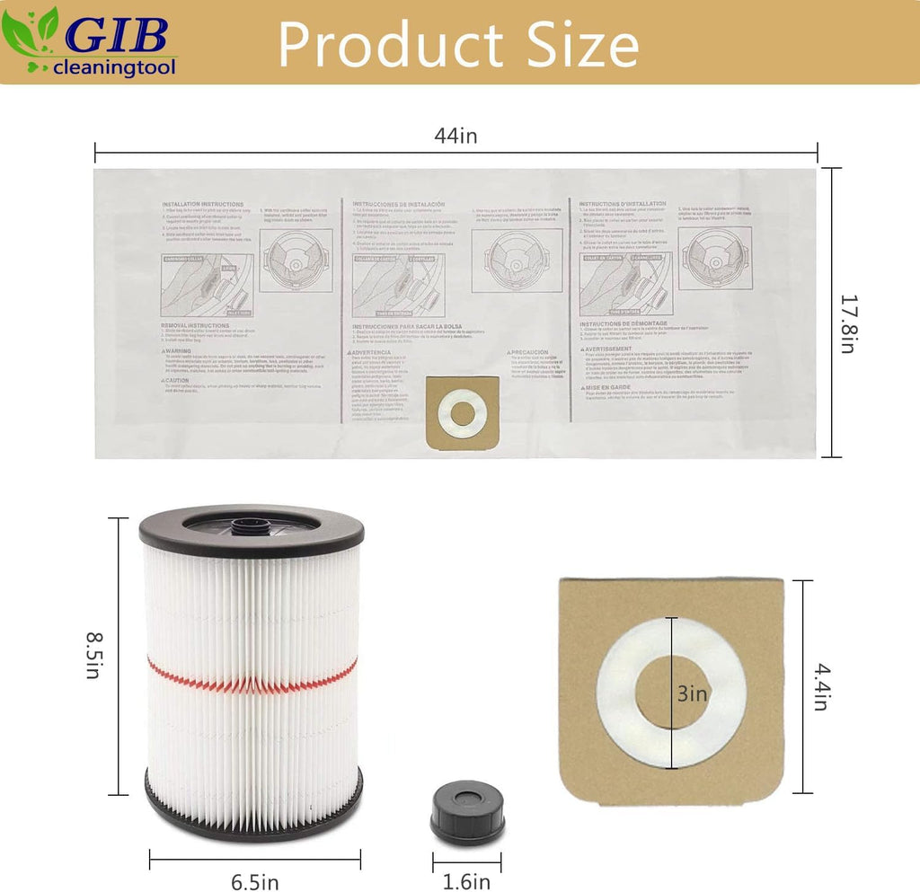 GIB cleaningtool 17816 Filter for Craftsman Shop Vac Filter 5/6/8/12/16/32 Gallon Wet/Dry Vac Filter with 3-Pack CMXZVBE38749 Dust Collection Bags for Craftsman 16 to 20 Gallon Shop Vacuum Cleaner