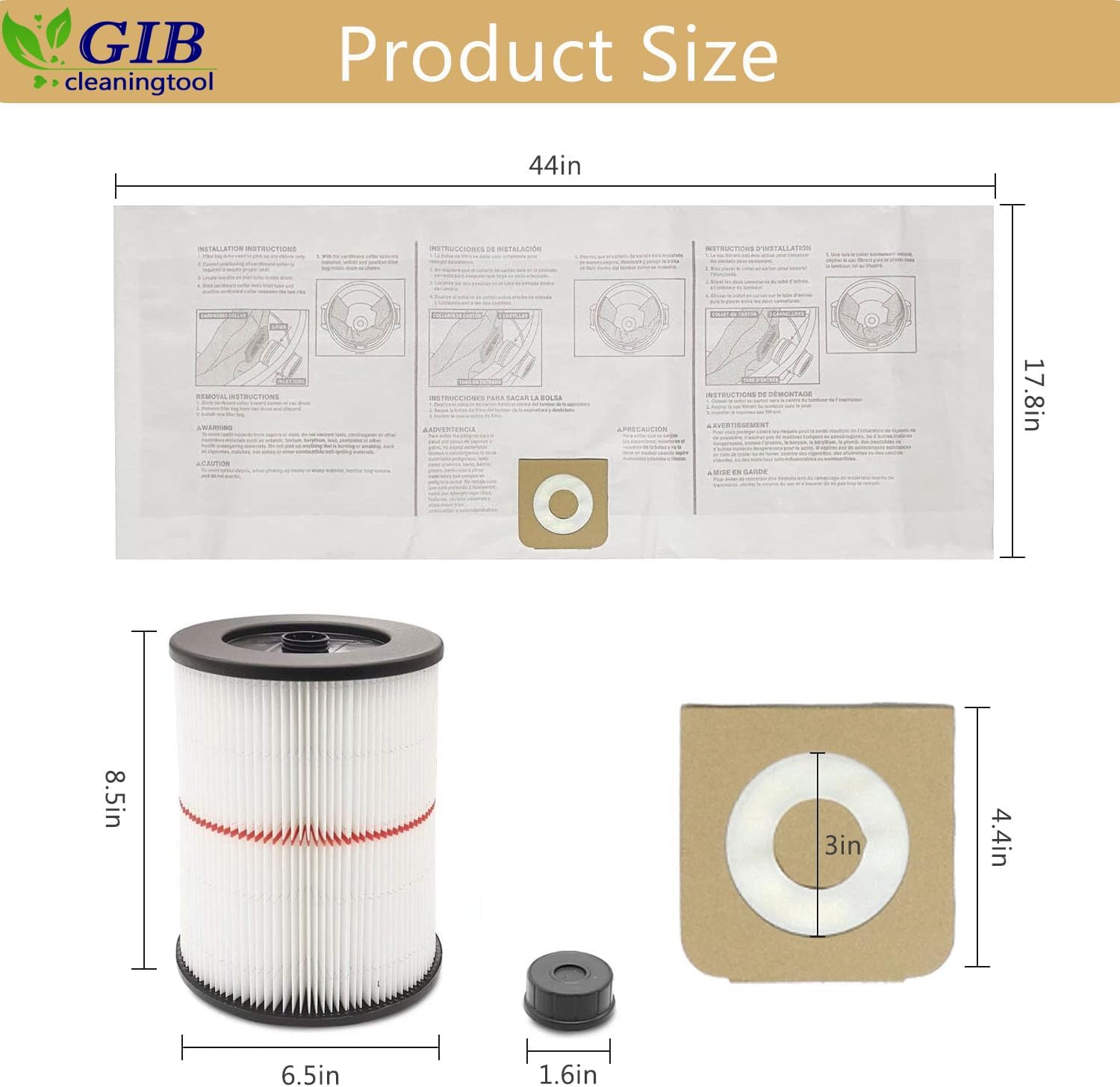 GIB cleaningtool 17816 Filter for Craftsman Shop Vac Filter 5/6/8/12/16/32 Gallon Wet/Dry Vac Filter with 3-Pack CMXZVBE38749 Dust Collection Bags for Craftsman 16 to 20 Gallon Shop Vacuum Cleaner