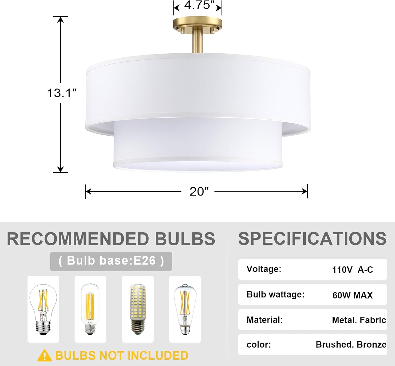 4 Light Off White Double Drum Fabric Shade Semi Flush Mount Ceiling Light,Close to Ceiling Light Fixture Gold Finish,20 inch Semi Flush Drum Light for Bedroom,Living Room,Dining Room Hallway