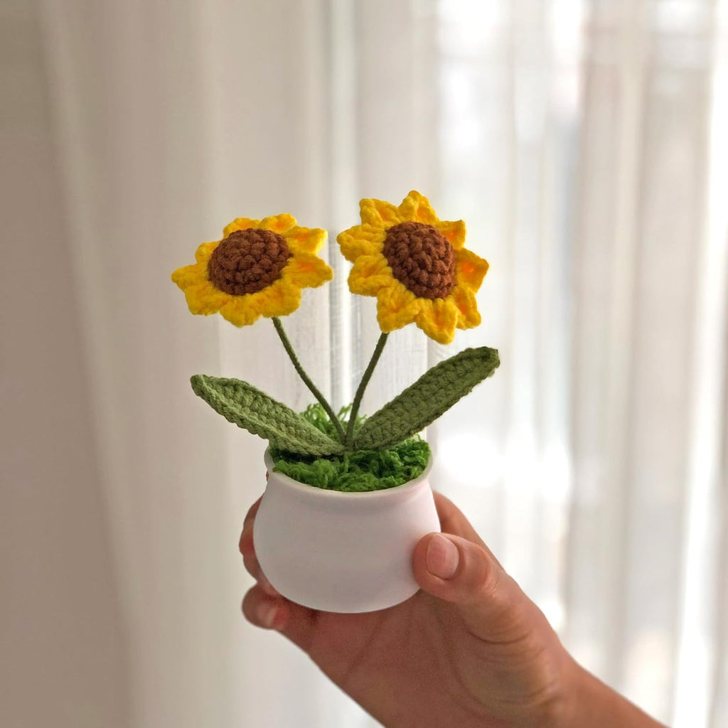 Crochet Flowers Cute Little Potted Flower, Gift for Birthday, Teacher’s Day, Graduation, Anniversary, Christmas, Decor for Car Dashboard,Home Office Decoration (Sunflower)
