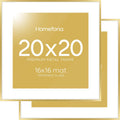 Homeforia 20x20 Picture Frame Gold, High End Metal 20 x 20 Square Poster Frame with Mat 16 x 16 Photo, 20x20 Frame Matted to 16x16 Print, 20by20 Gold Hanging Frames, Tempered Glass, Wall Kit, Set of 2