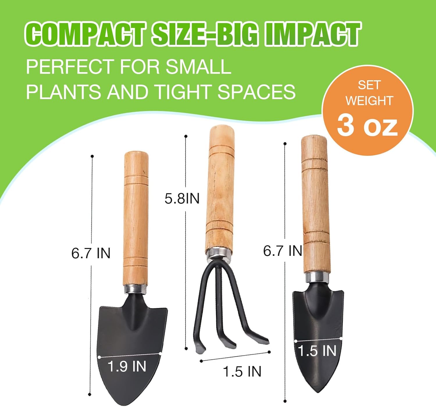 Mini Garden Tools Set, 3 Pcs Small Gardening Kit with Trowel, Shovel & Rake, Rust-Resistant Metal with Wooden Handle, Indoor Plant Tools for Succulents, Bonsai & Potted Plants